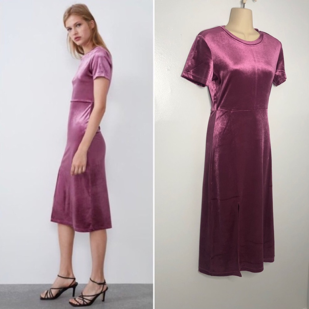 Zara pink velvet midi side slit dress M - Picture 2 of 9